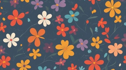 Cheerful floral pattern with bright flowers in shades of red, blue, orange and white. Design for card, cover, poster, wallpaper, packaging.