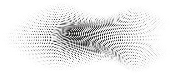 Flowing Wave Dot Halftone Pattern: Curve Gradient Shape on Transparent Background. Suitable for AI, Tech, Network, Digital, Science, and Technology Themes.