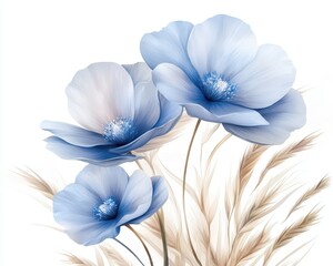 Serene Blue Poppies: A delicate trio of blue poppies grace a backdrop of soft, beige pampas grass, evoking a sense of tranquility and natural beauty.