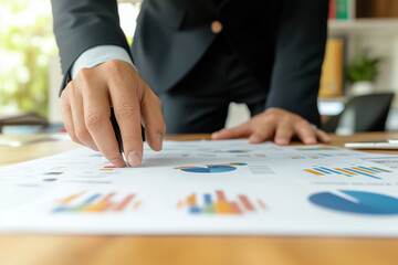 Fototapeta premium Corporate professional reviewing printed business report with data charts in a minimalist office