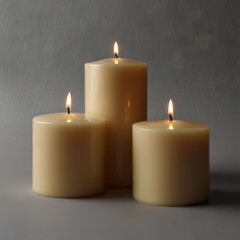 Three elegant ivory candles of varying heights burn, casting a warm, inviting light against a softly textured grey backdrop, creating a calming and serene atmosphere.