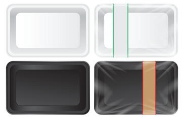 Set Illustration of Realistic Fresh Meat and Seafood Plastic Tray Packaging
