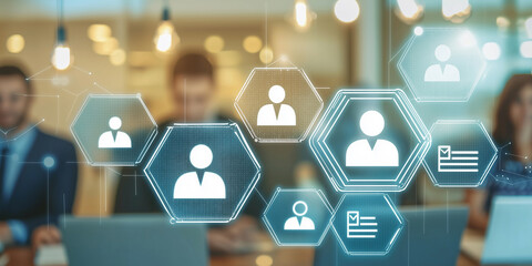 Digital profiles with hexagonal icons, symbolizing networking, communication, or data management in a business environment.