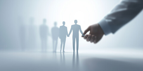 Fototapeta premium Concept of recruitment, selection, or leadership with a hand picking a silhouette. Suitable for HR, job search, and business concepts