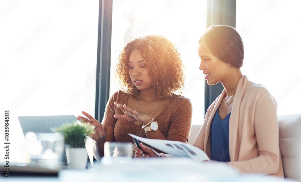 Poster Business women, chat and laptop with meeting schedule and seo research for content creation update. Office, digital work and management of company website with discussion and collaboration with team