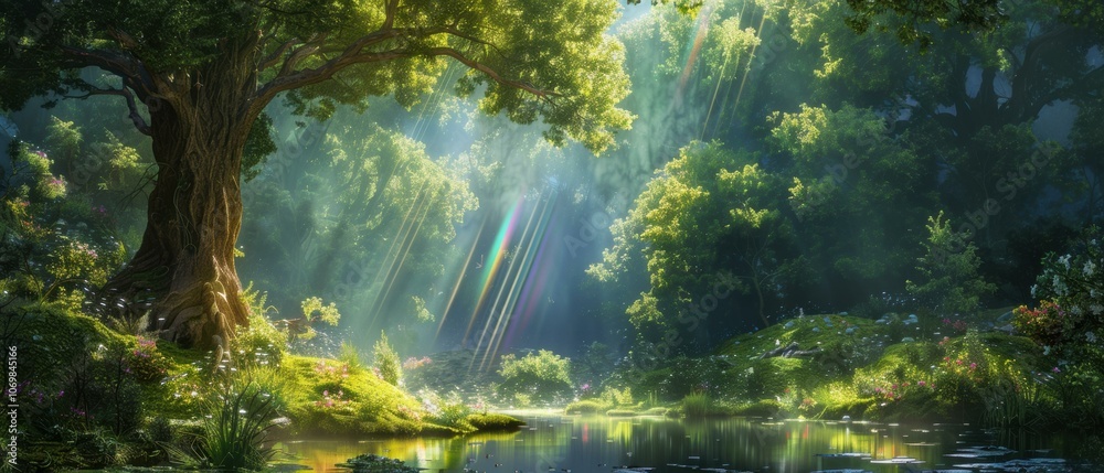 Wall mural A magical forest scene with sunlight streaming through the trees. AI.