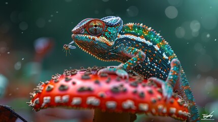 Fototapeta premium A chameleon catches a fly on a mushroom. AI.