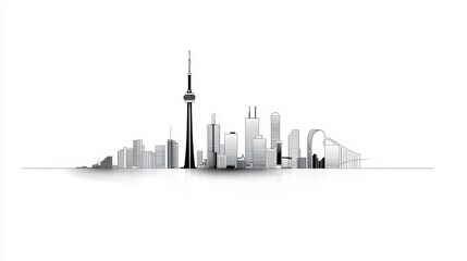 Obraz premium Hand-drawn city skyline outline, with landmark buildings depicted in black ink on a white background.