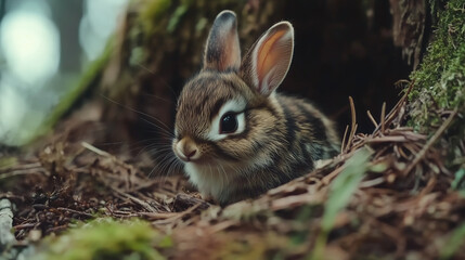 Fototapeta premium Wild bunny rabbit with distinctive fur patterns in a lush forest setting, surrounded by vibrant moss, dense foliage, and textured bark, capturing the serene beauty of the natural woodland environment
