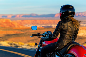 Motorcyclist in Leather Jacket and Helmet Poses on Classic Bike at Sunset by a Desert Highway