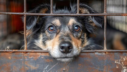Stray homeless dog in animal shelter cage. 