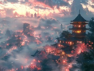 Obraz premium A Mystical Japanese Cityscape: Pagoda and Cherry Blossoms in the Twilight