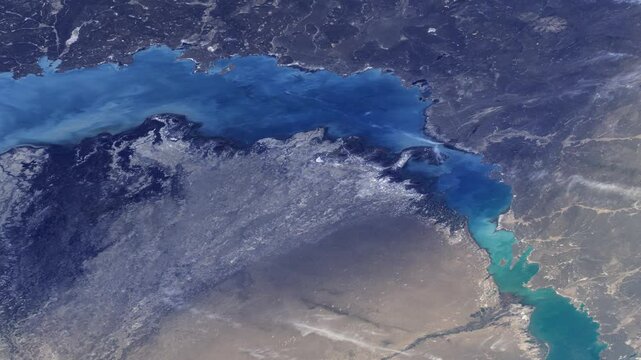 Lake Balkhash, Kazakhstan, aerial satellite view sunrise animation. Images furnished by Nasa