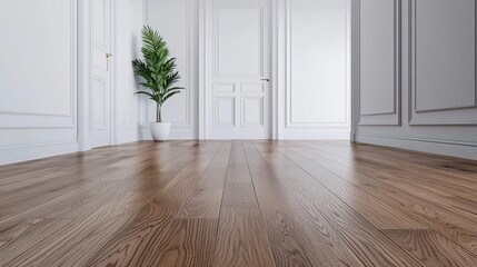 Obraz premium A stylish interior space featuring wooden flooring, elegant doors, and a potted plant, exuding a modern, minimalist aesthetic.