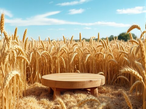 Low rustic table amidst detailed wheat: A natural stage for farm-fresh products