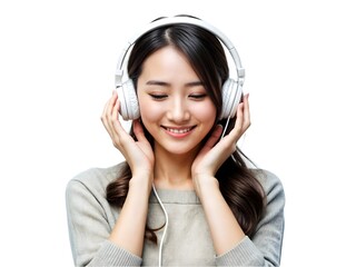 Fototapeta premium Young korean woman wearing headphones listening to music isolated on white background, Generative AI 