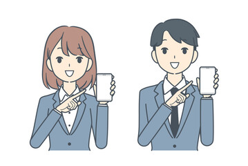 スマートフォンを指して見せるビジネスパーソンたち