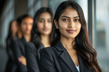 Confident multi ethnic women office workers stand in row.