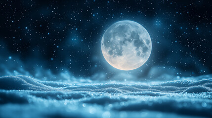 Obraz premium Full moon over snowy winter landscape with starry night sky