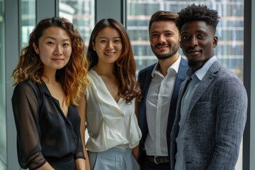 Obraz premium Successful diverse international business team of four professional coworkers posing.
