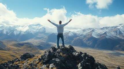 Fototapeta premium A silhouette of a man standing on a peak overlooking vast mountains under a vibrant sunrise