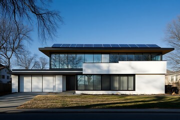 Modern House with Solar Panels and Large Windows