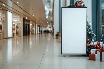 Blank billboard standing in shopping mall next to christmas tree and presents during holidays