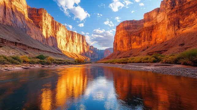 Sunlit Desert Canyon with River and Red Rock Formations &ndash; A Stunning Natural Scene Ideal for Adventure, Exploration, and Travel-Themed Designs and Creative Concepts