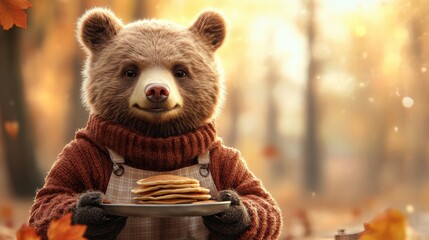 Cute bear in a cozy sweater holding pancakes in an autumn forest, AI