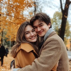 Fototapeta premium Couple embraces in fall park, symbolizing love.
