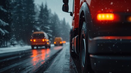Truck Convoy in Heavy Snowstorm with Vibrant Headlights