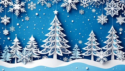Obraz premium Festive winter wonderland with paper snowflakes and christmas trees