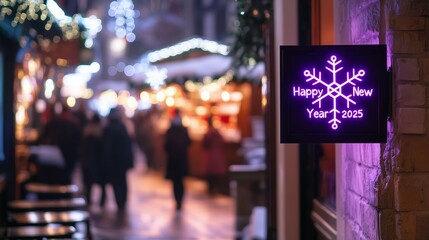Happy new year 2025 purple led neon sign with a snowflake in a Christmas market by night in the city street. Horizontal Photography (16:9)