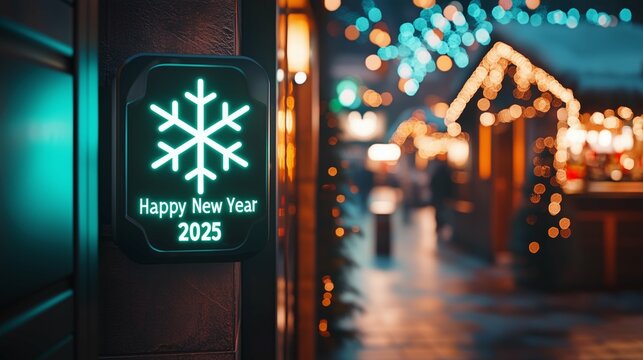 Happy new year 2025 green led neon sign with a snowflake in a Christmas market by night in the city street. Horizontal Photography (16:9) - Powered by Adobe