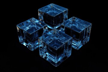 3D render of abstract cubes with a glass texture in a dark blue color on a black background