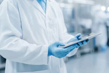 Pharmaceutical specialist in gloves and lab coat analyzing production data on a tablet in a clean, controlled manufacturing setting