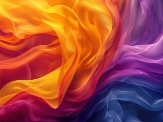 Fototapeta premium Abstract background featuring vibrant silk fabric waves in shades of orange, yellow, and purple, creating a dynamic and visually stunning effect.