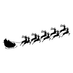 Santa Claus rides reindeer in a sleigh sled. 
