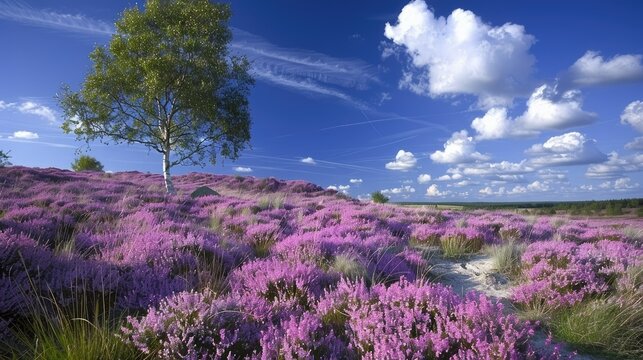 Heathland, flowering common heather (Calluna vulgaris) and birch (Betula), blue sky