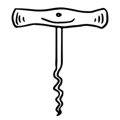 black and white line drawing of T-shaped handle corkscrew, depicted in a simple and cartoon-like style.