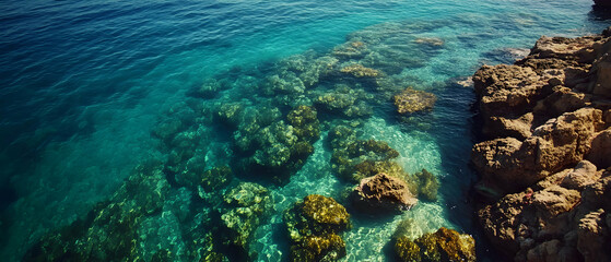 Clear blue water over rocky seabed, shallow water, visible rocks, stones, sand.