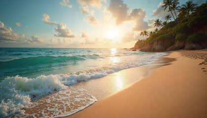 Image of a long pristine beach and green waves. Can be used for Travel Agencies.