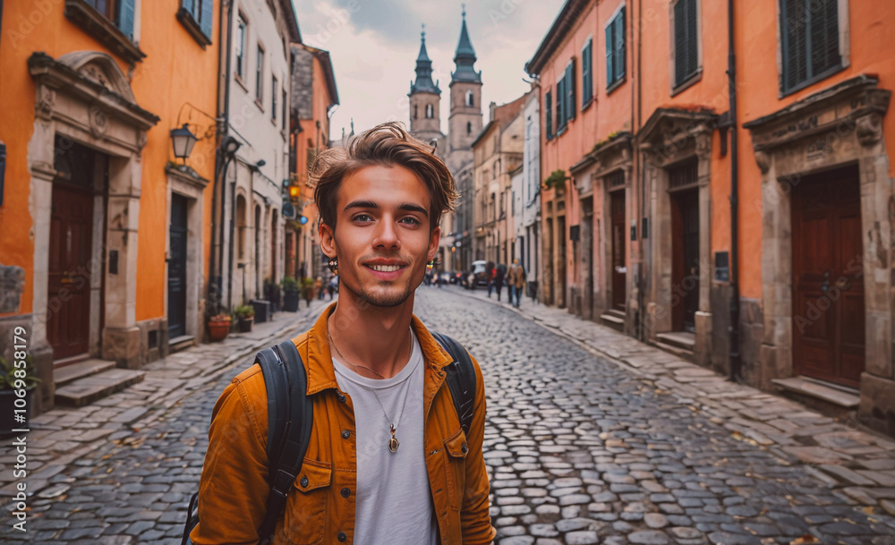 Poster man wearing a yellow jacket and a backpack is smiling