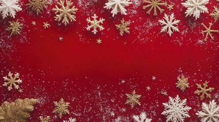 Elegant Red Holiday Background with White and Gold Snowflakes &ndash; Christmas and Winter-Themed Image for Greeting Cards, Invitations, and Seasonal Designs with Ample Space for Text