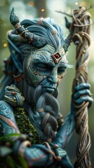 Satyr druid with dark blue hair and a beaded beard, in a fairytale forest, with a gnarled wooden staff and flickering fireflies nearby.