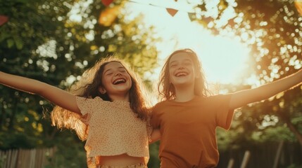 Two friends dancing outdoors in summer, celebrating school end, joyful and lively energy.