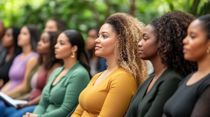 Engaged audience in session, diverse group, bright room, casual business attire, interactive feel.