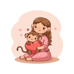 Young girl and cute monkey with love sign. lovely monkey with a cute girl vector illustration