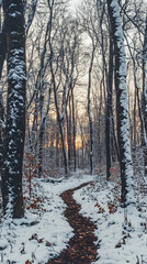 A winding path through a snowy forest at sunset.