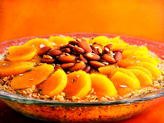 Vegan Moroccan tagine with apricots and almonds served in a transparent glass dish fragrant